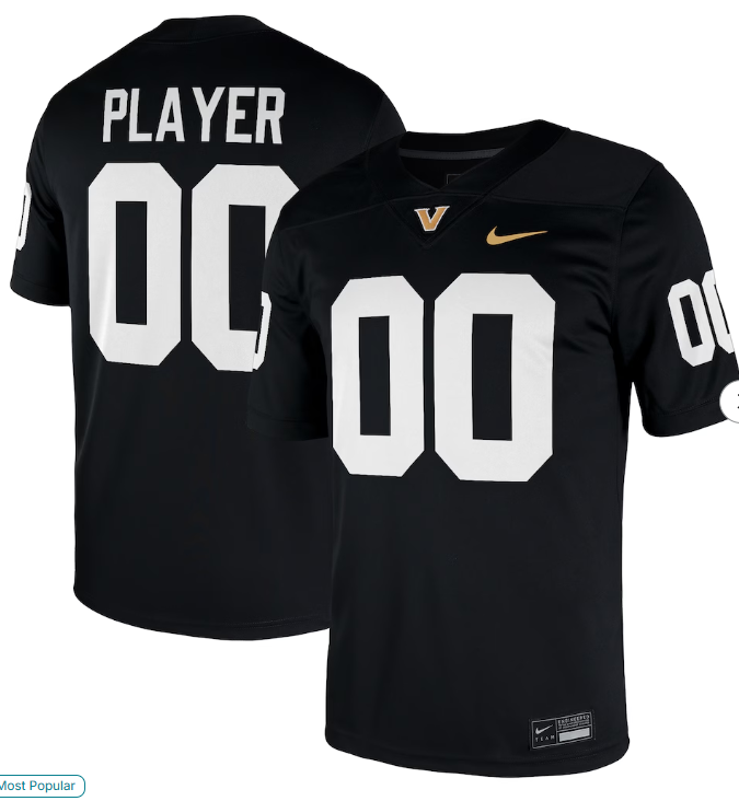 Vanderbilt Custom football jersey with white text and numbers on a white background