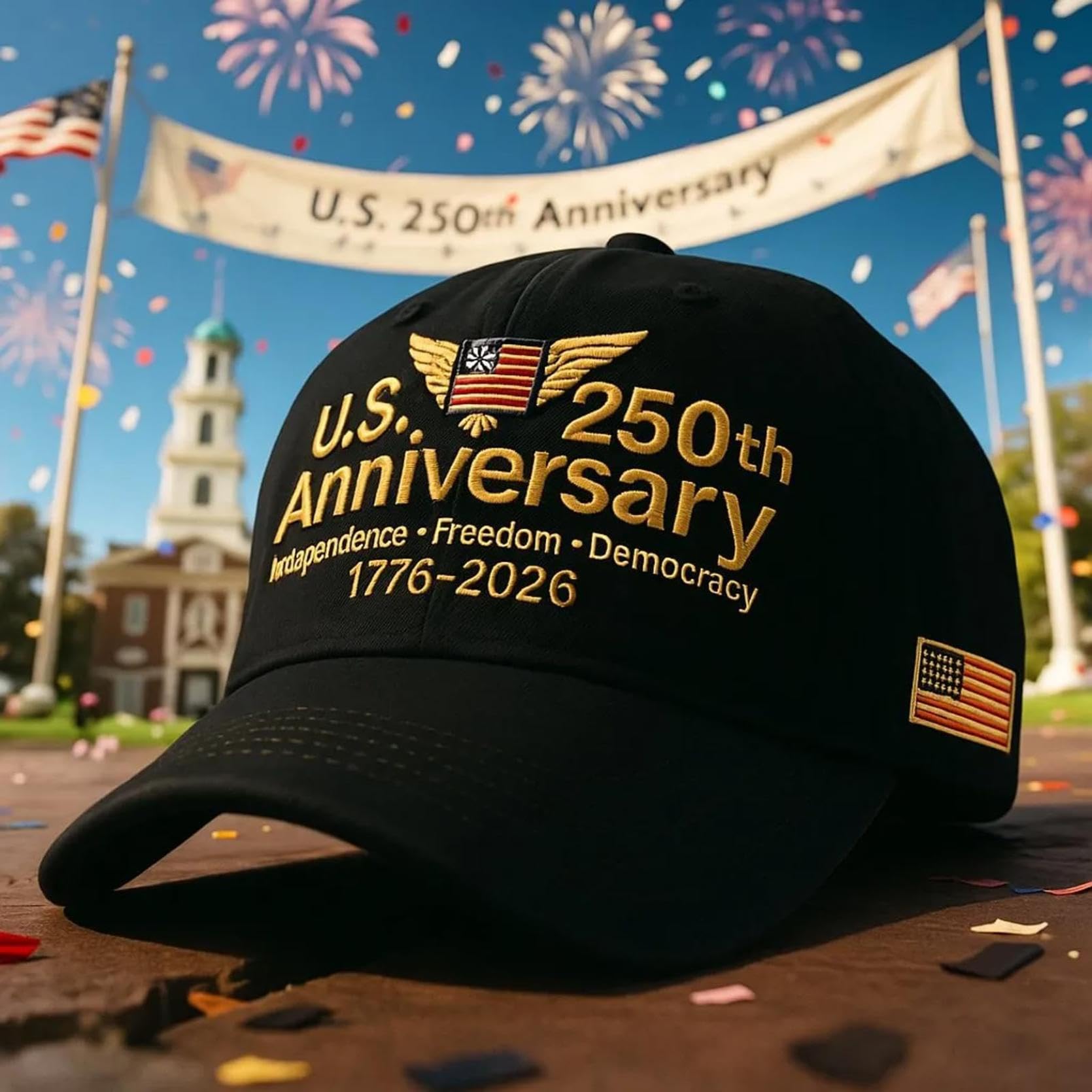 America 250th Anniversary Hat With Words Independence, Freedom and Democracy