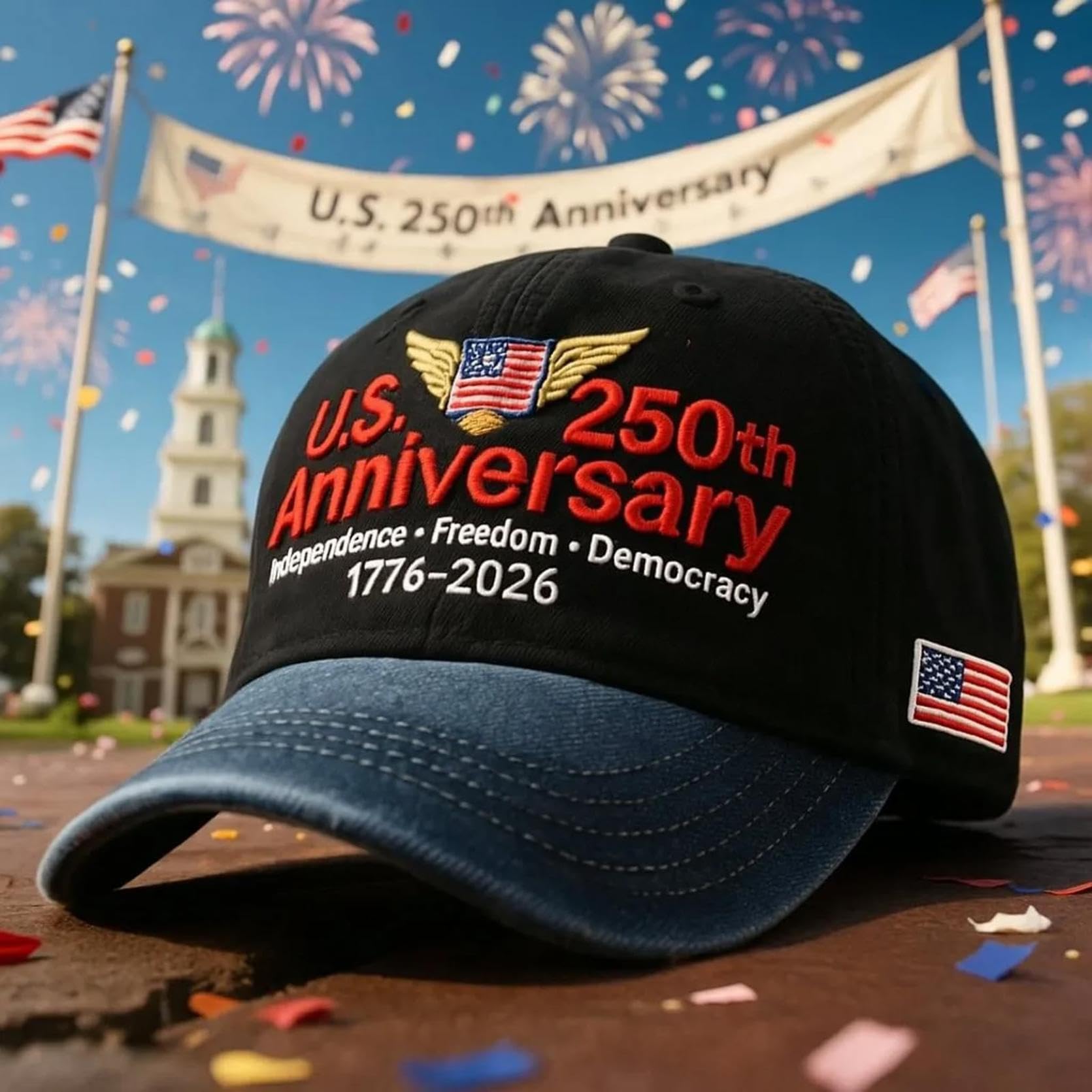 America 250th Anniversary Hat With Words Independence, Freedom and Democracy