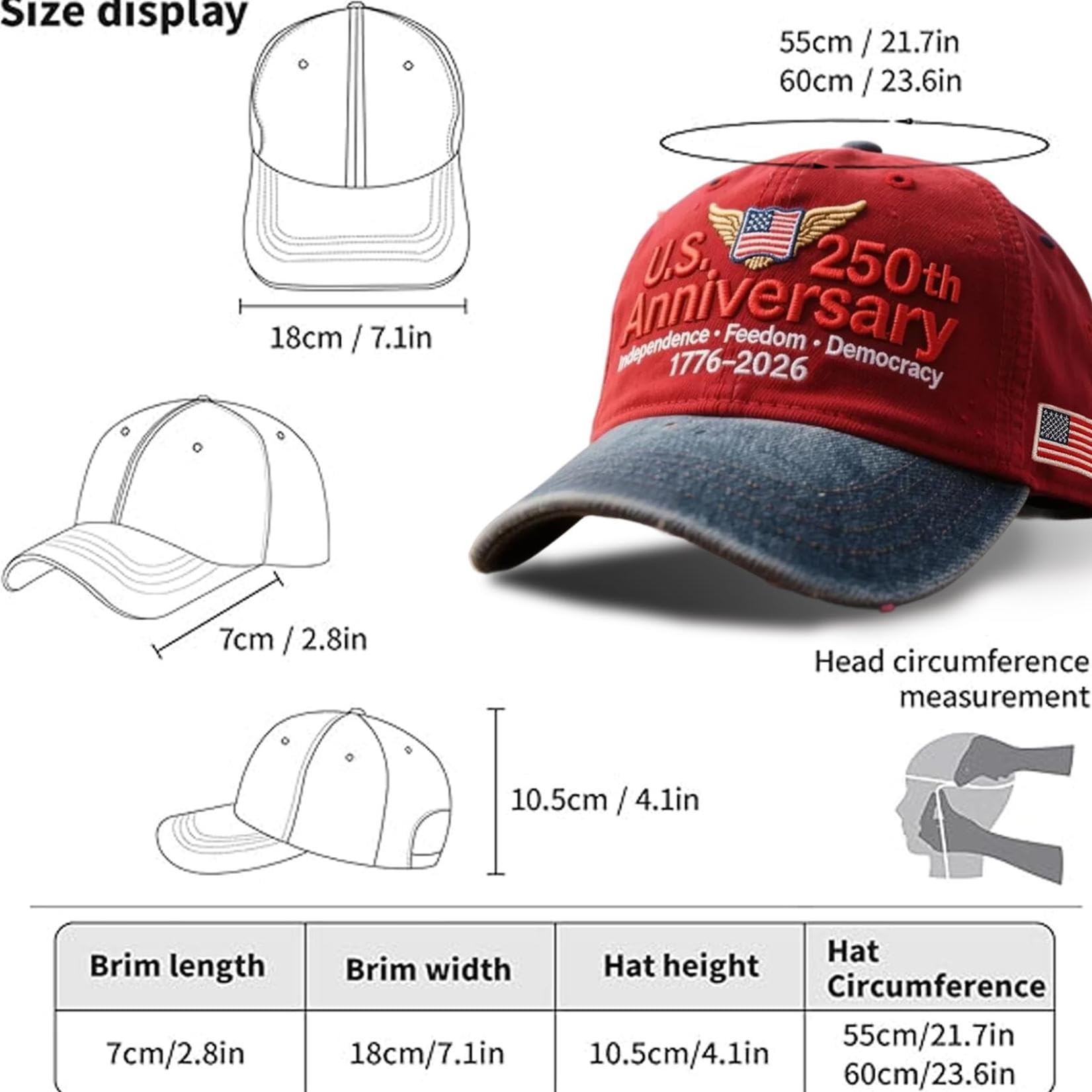 America 250th Anniversary Hat With Words Independence, Freedom and Democracy