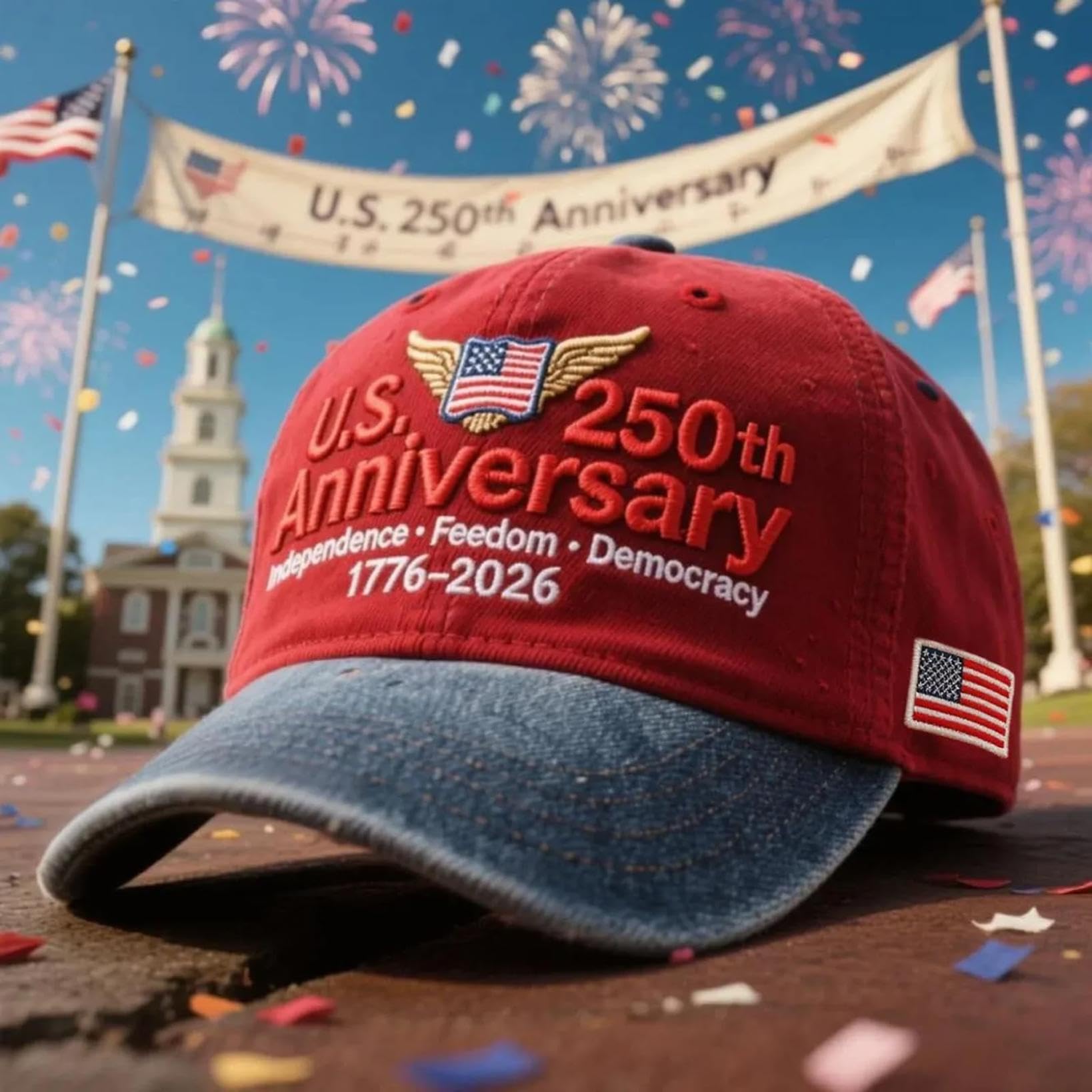 America 250th Anniversary Hat With Words Independence, Freedom and Democracy