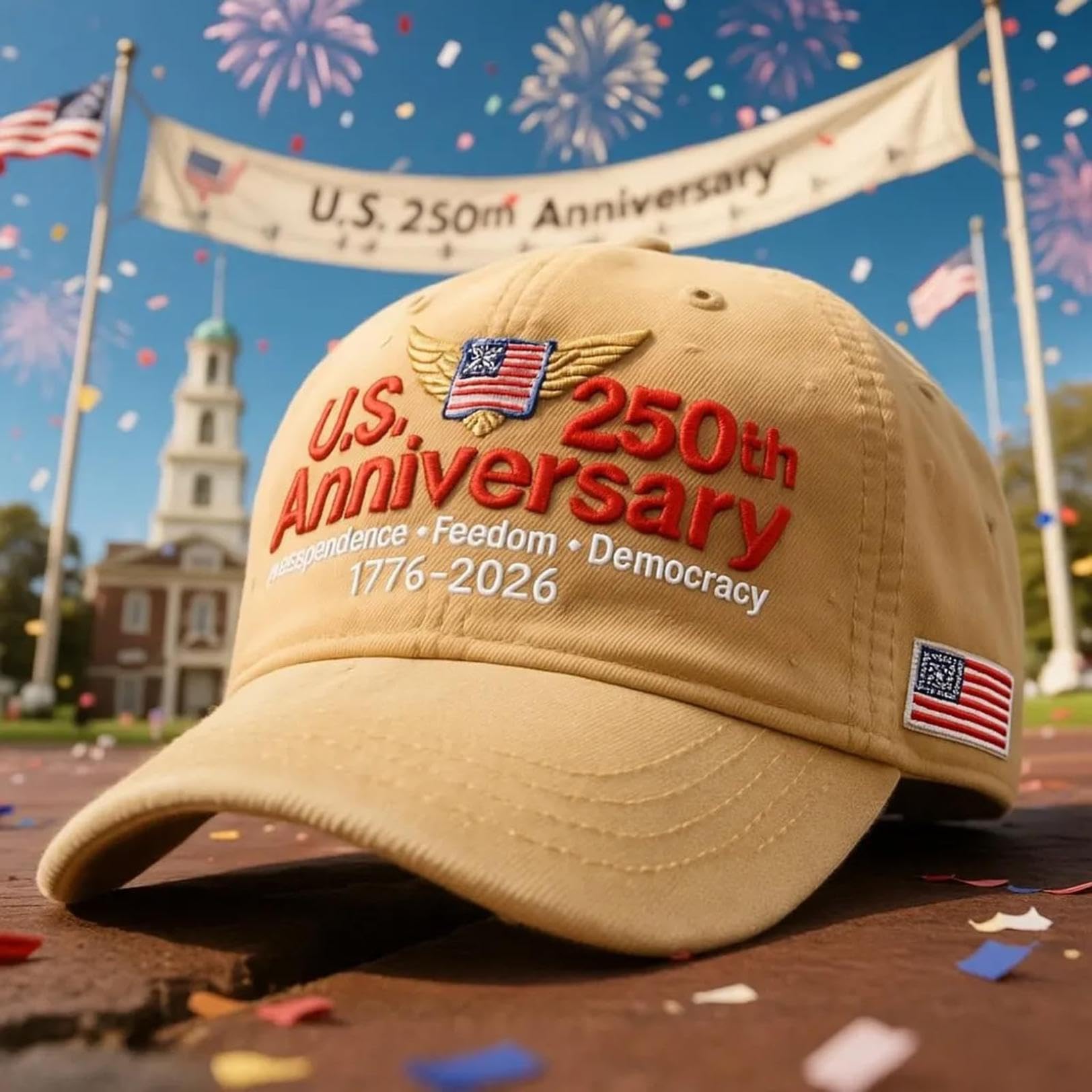 America 250th Anniversary Hat With Words Independence, Freedom and Democracy