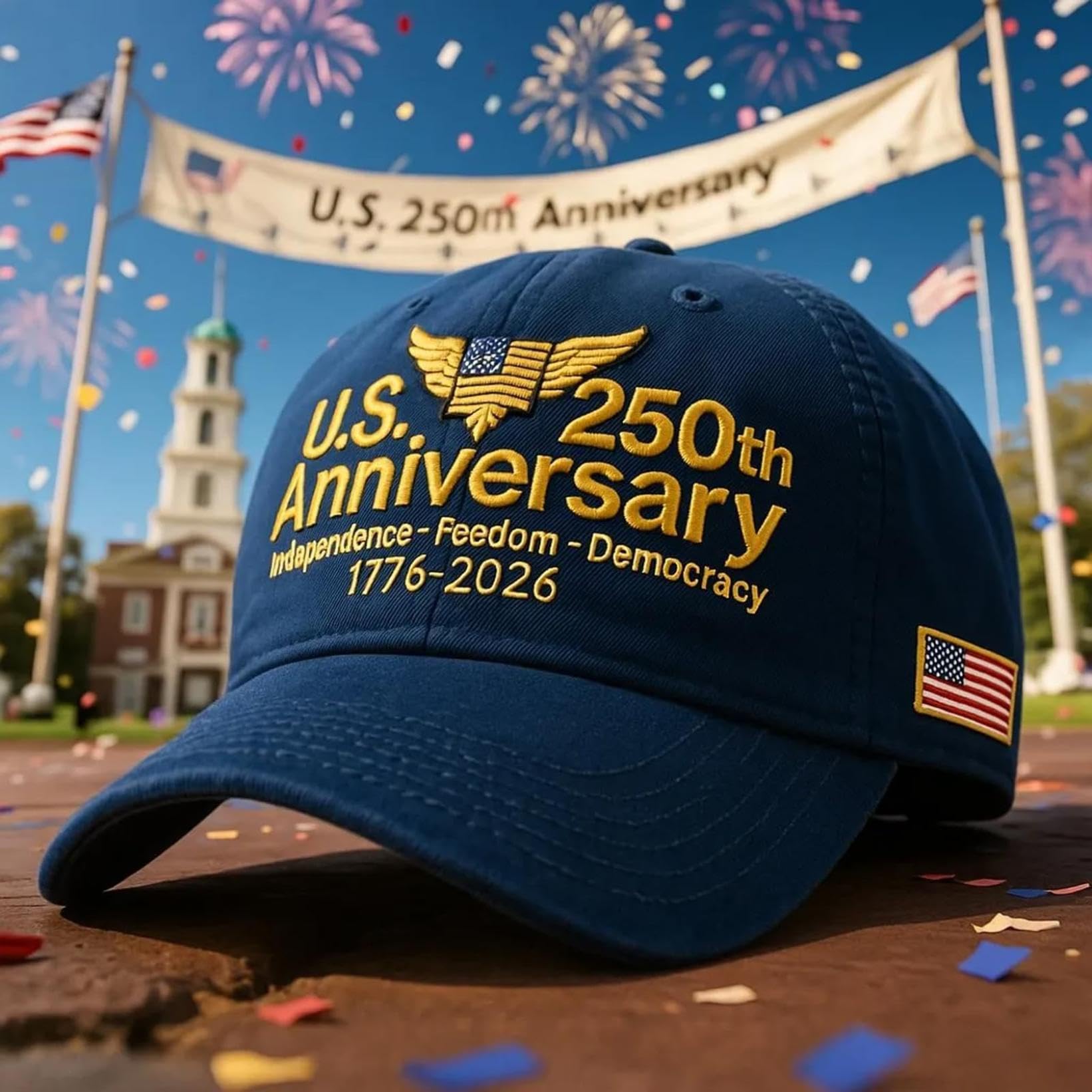 America 250th Anniversary Hat With Words Independence, Freedom and Democracy