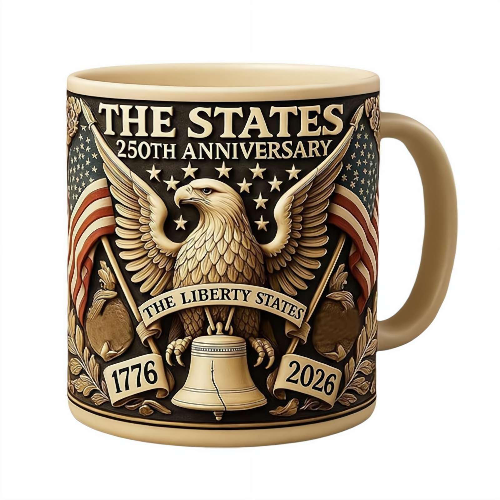 America 250 Mug with American flag, eagle, and bell design celebrating the 250th anniversary of the United States.