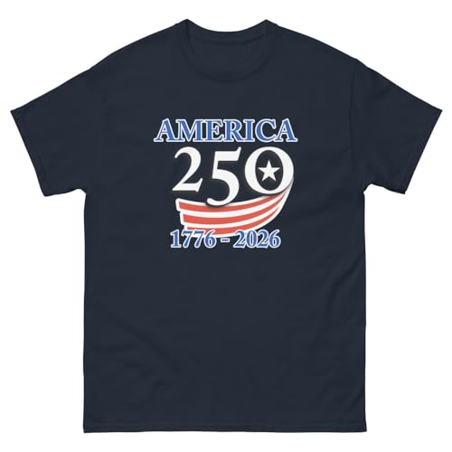 Navy blue t-shirt with 'America 250' design celebrating 250 years of America on a white background
