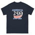 Navy blue t-shirt with 'America 250' design celebrating 250 years of America on a white background