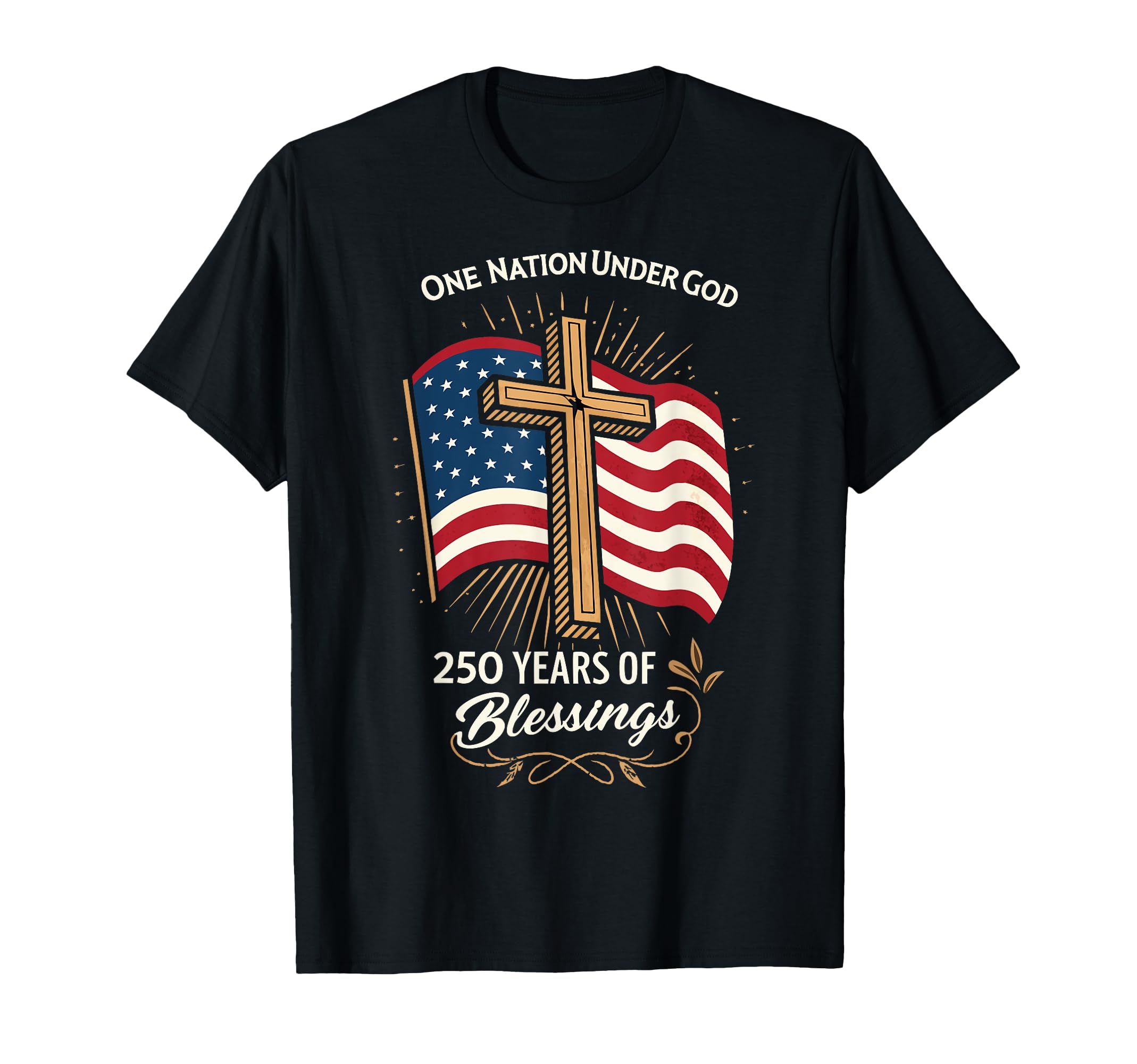 Black t-shirt with American flag and cross design on a white background