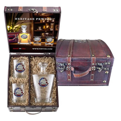 America 250 Heritage Pewter decanter set with glasses in a decorative wooden chest.