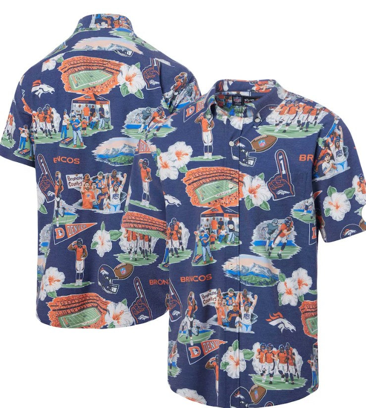 Top selling Denver Broncos Hawaiian Shirt Featuring logos, helmets, stadium, pennants and more