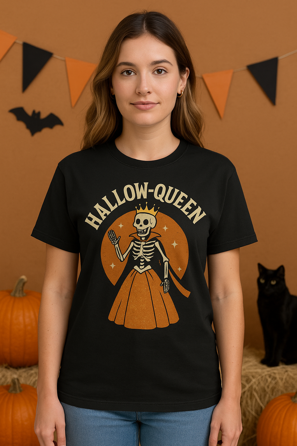 Hallow-Queen Funny Halloween T-Shirt For Women With Skeleton