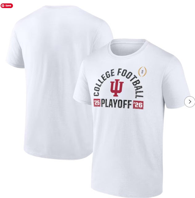 White Indiana t-shirt with 'College Football Playoff 2026' text and logo on a white background