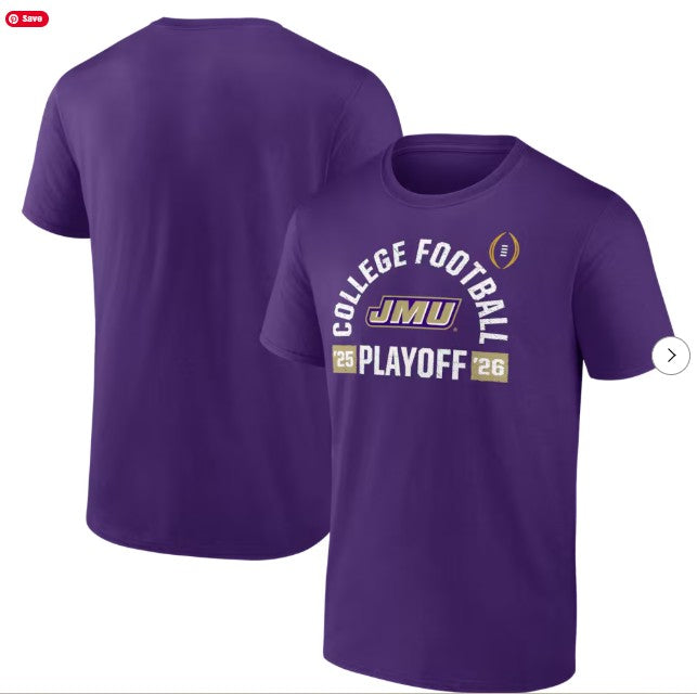 James Madison Purple t-shirt with 'College Football JMU Playoff' text on a white background