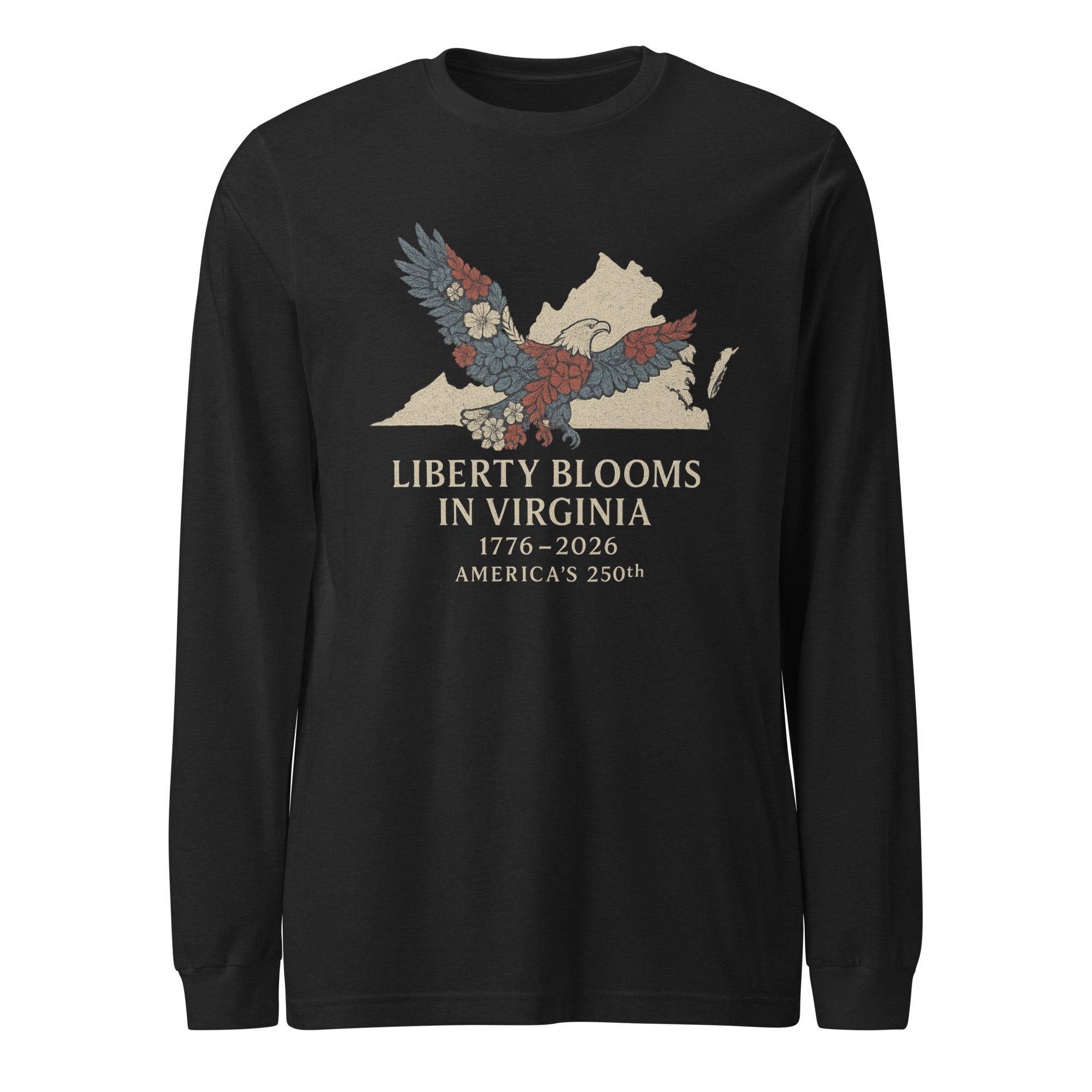 Long Sleeve Virginia America 250 Shirt Featuring Floral Eagle Flying through Virginia outline