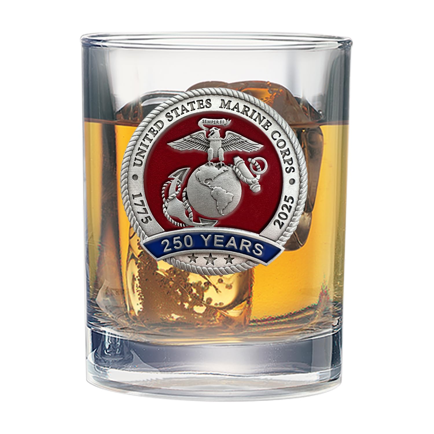 Whiskey Glass with U.S. Marine Corps emblem and '250 Years' text