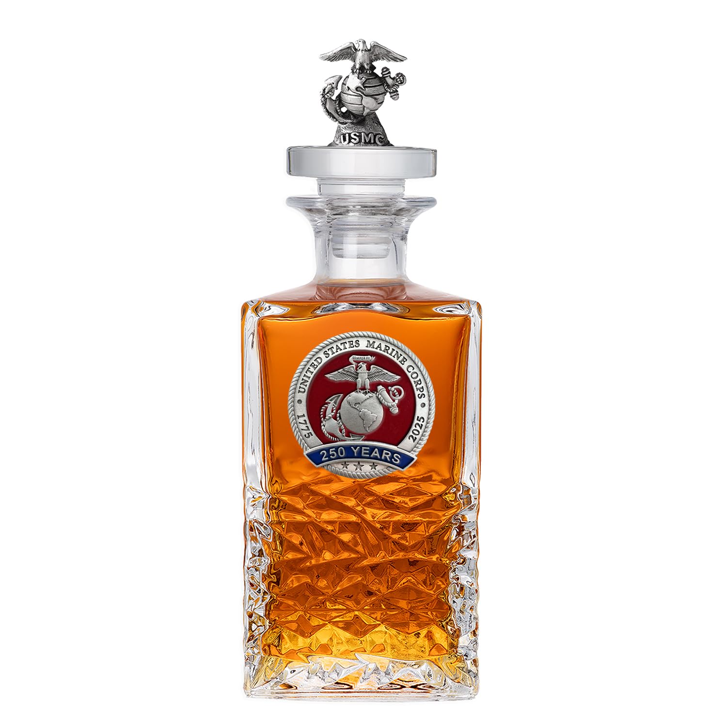 Marines 250th Anniversary Whiskey Decanter with USMC logo and emblem on a white background