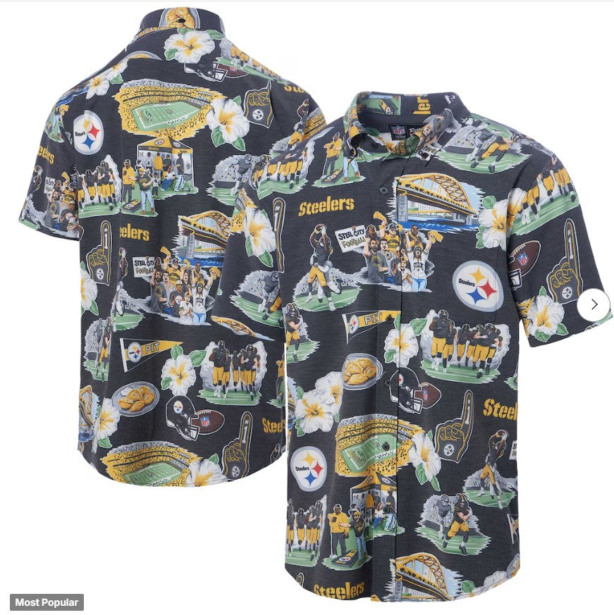 Pittsburgh Steelers Reyn Spooner Hawaiian Shirt with Team Logo, pennant and Stadium graphics