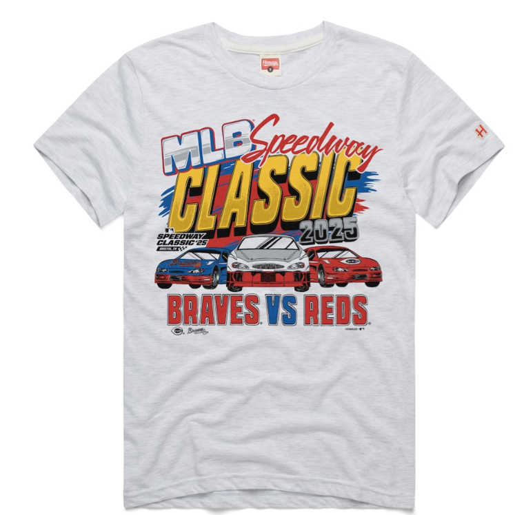 Gray t-shirt with MLB Speedway Classic 2020 Braves vs Reds graphic design.