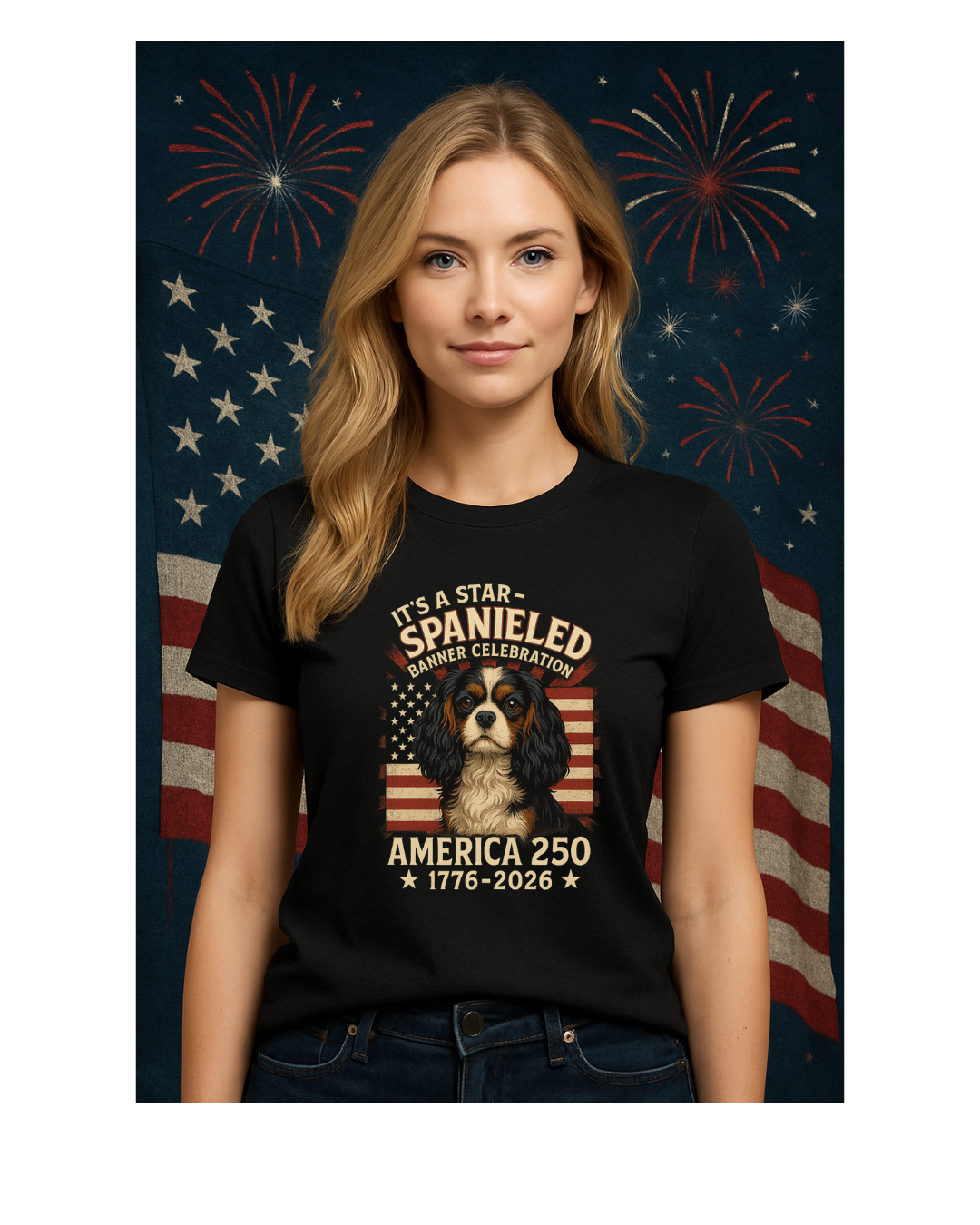 America 250 T-Shirt With King Charles Spaniel 