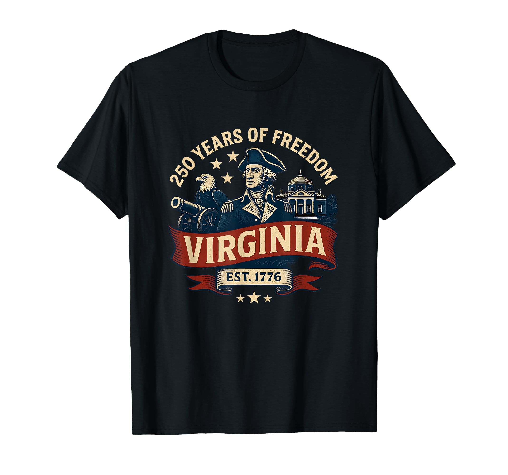 Black t-shirt with '250 Years of Freedom Virginia Est. 1776' design 