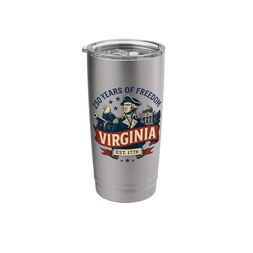 Silver tumbler with 'Virginia' America 250 design on a white background