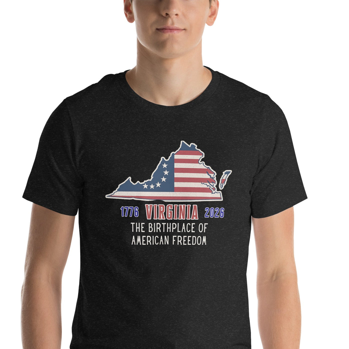 Person wearing an America 250 Virginia-themed t-shirt on a white background