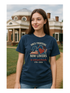Virginia America 250 navy blue t-shirt with 'Once Fighters Now Lovers Virginia' design in front of a historic building.