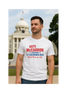 Man wearing a white Vote A.J. McCarron t-shirt with political campaign text in front of Alabama Capitol