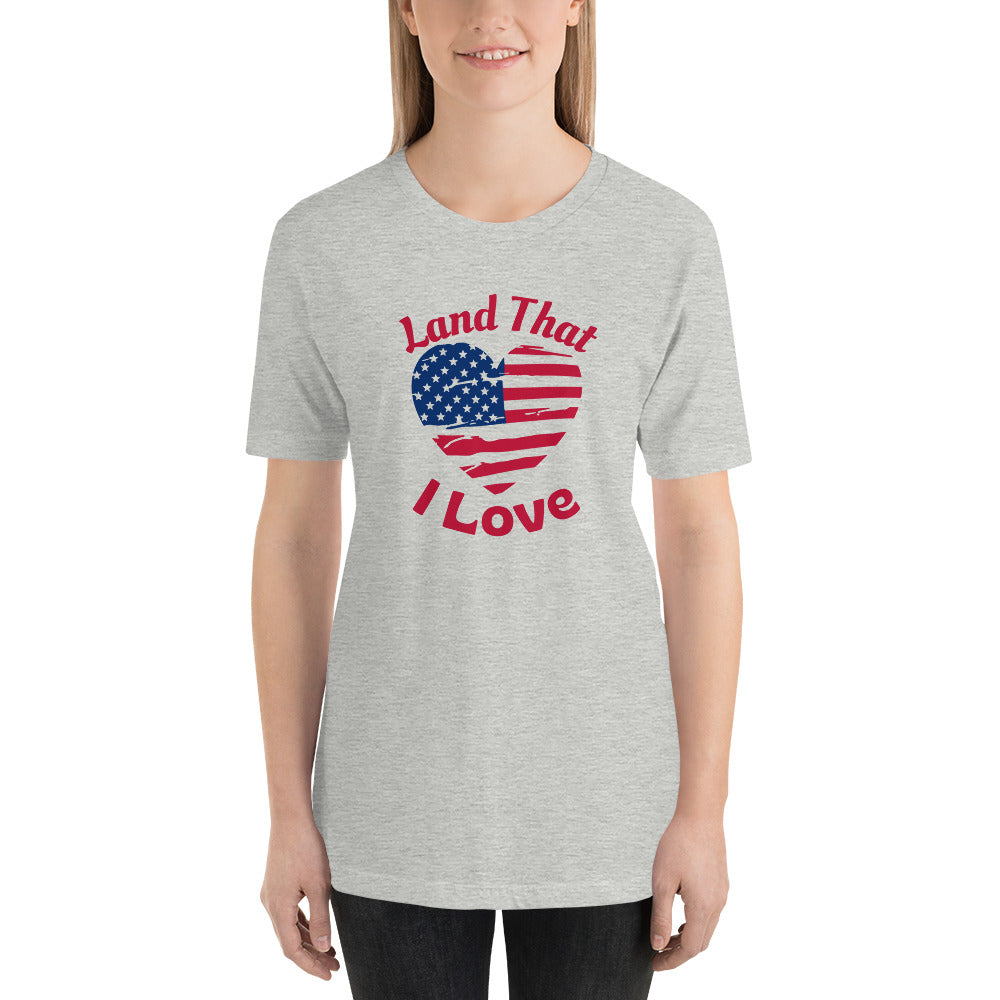 Fourth of July American Flag Heart T-Shirt That Says Land That I Love
