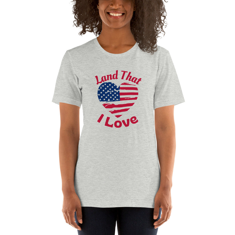 Fourth of July American Flag Heart T-Shirt That Says Land That I Love